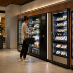 Mujer comprando artículos de un minimarket de oficina.