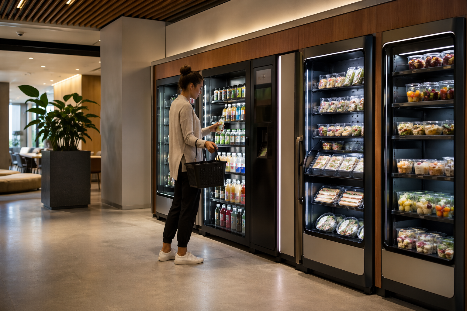 Mujer comprando artículos de un minimarket de oficina.
