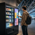 Hombre utilizando la pantalla táctil de una máquina vending interactiva.