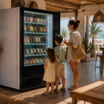 Familia comprando en una máquina vending de helados de un chiringuito de playa.