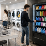 Hombre adquiriendo artículos a través del vending en lavanderías.