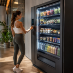 Mujer comprando de una máquina vending saludable en su oficina.